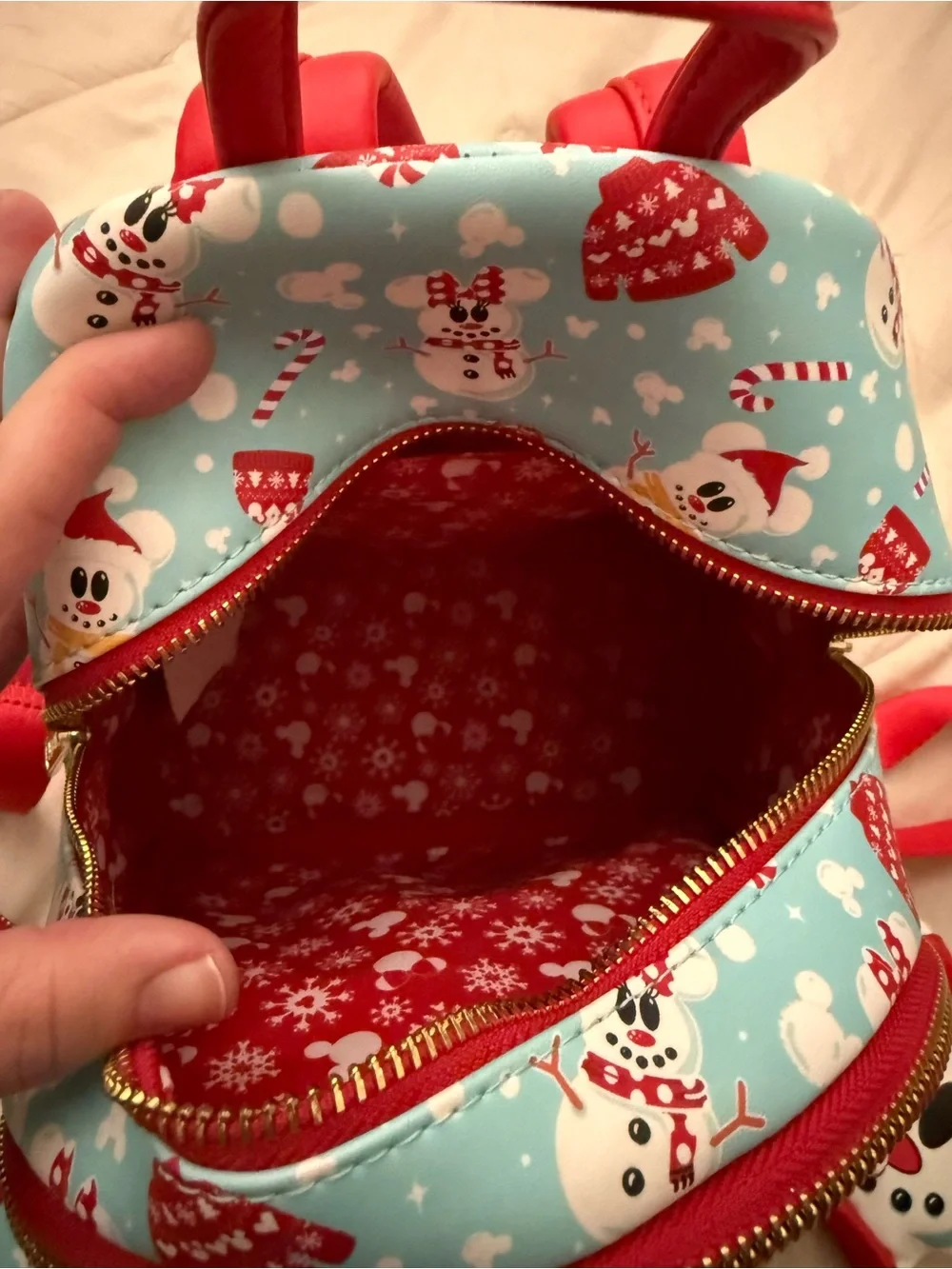 Loungefly Kids Light Blue & Red Snowman Print Mini Backpack with Matching Wallet